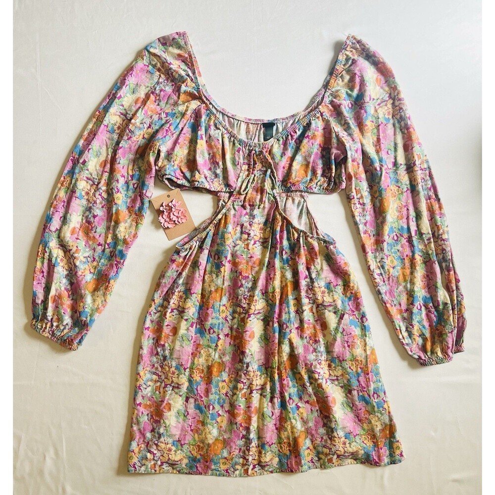 Wild Fable Floral Cutout Mini Dress L Pastel Boho Cottagecore Retro And Earrings